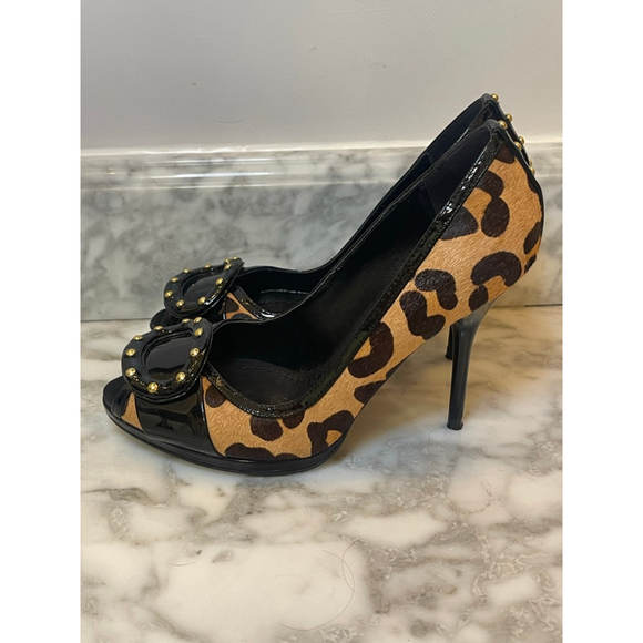 Y2K Bourne London Leopard Pony Hair Patent Leather Peep Toe Stiletto Heels Sz 37 - Picture 3 of 9